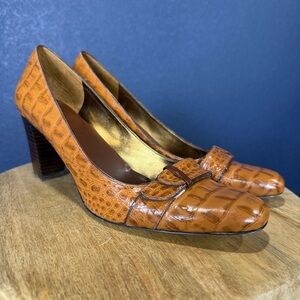 Enzo Angiolini Vintage Y2K Cognac Croc Embossed Leather Heels, Size 10